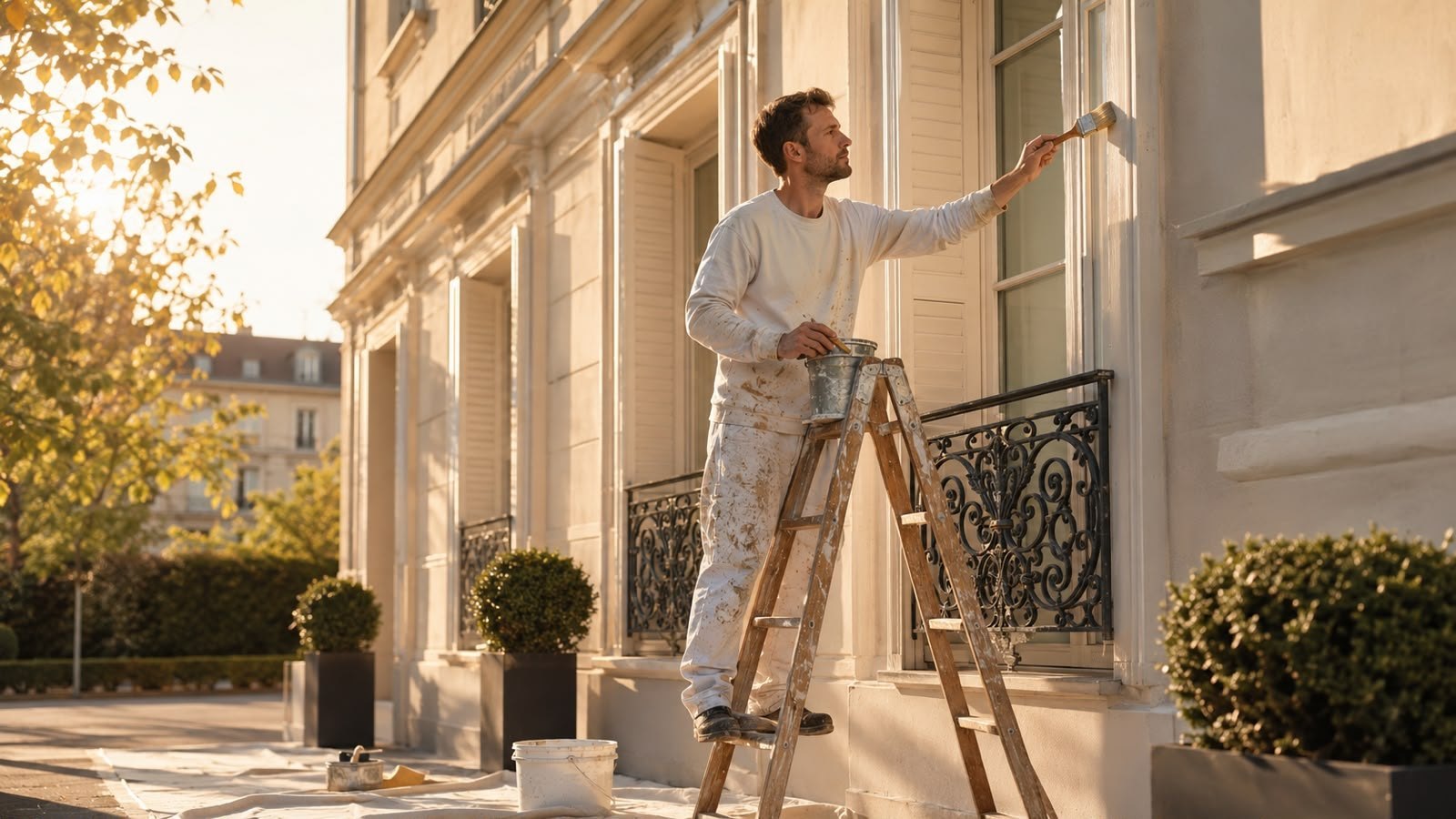 Artisan peintre au travail sur une façade en pierre